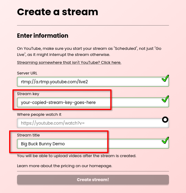Adding a stream key and title in Runnel