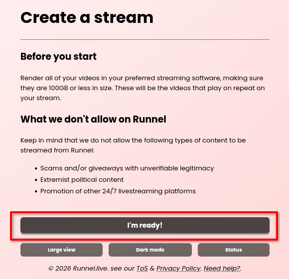 Runnel.live's livestream setup disclaimers