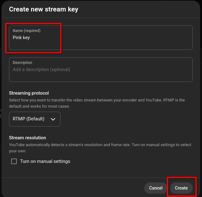 Stream key settings popup