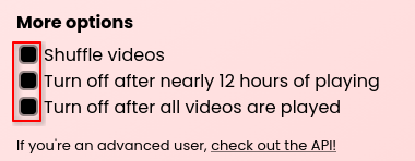 A list of options including shuffling, stopping it after every video is played, and stopping it before 12 hours