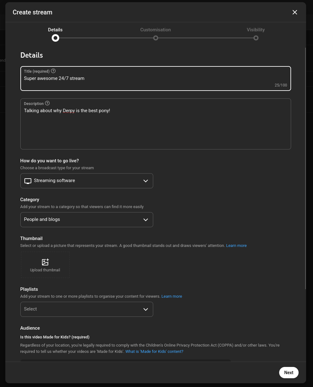 Creating a YouTube stream